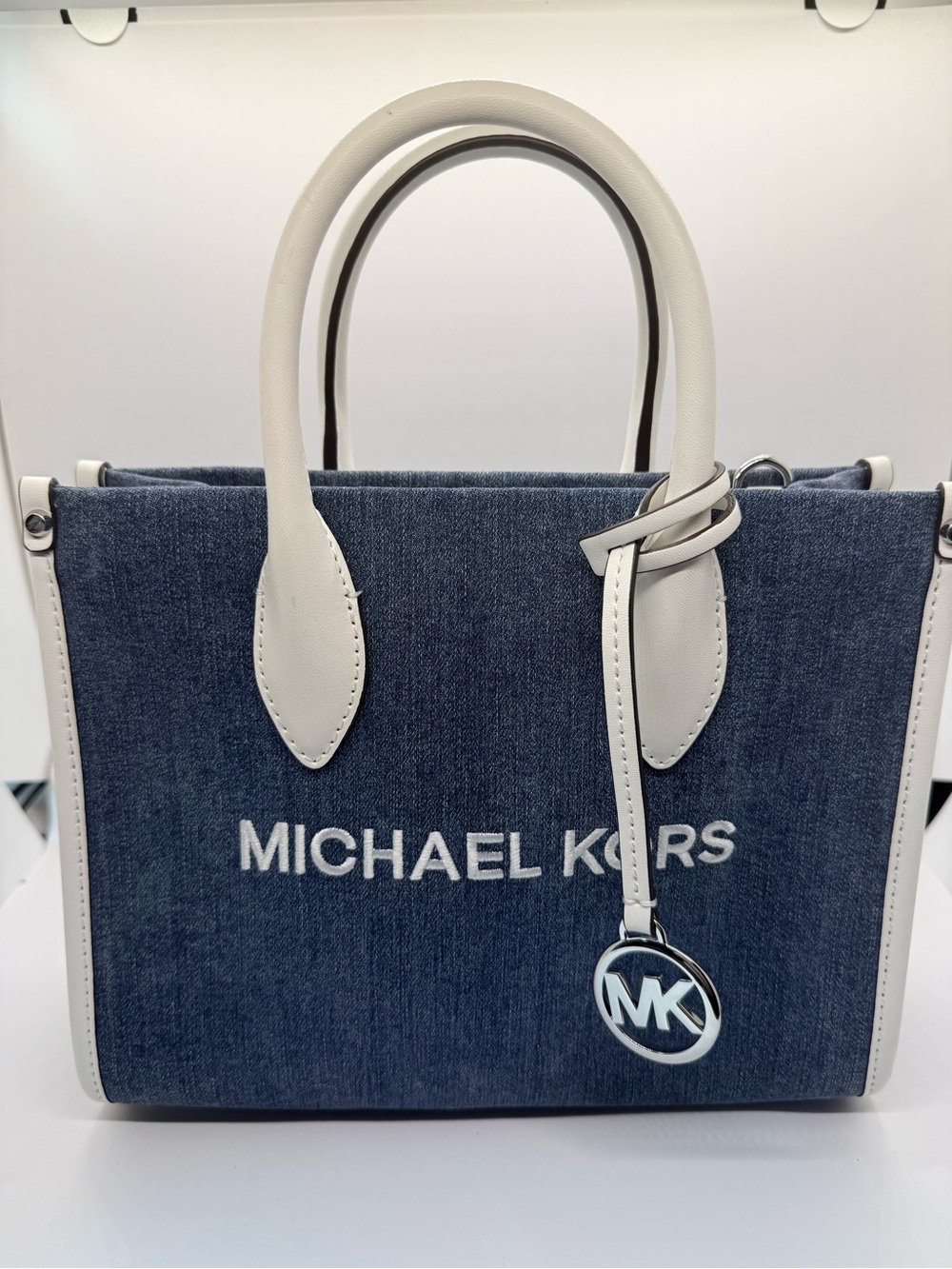 Michael Kors Blue Denim Tote with White Trim
